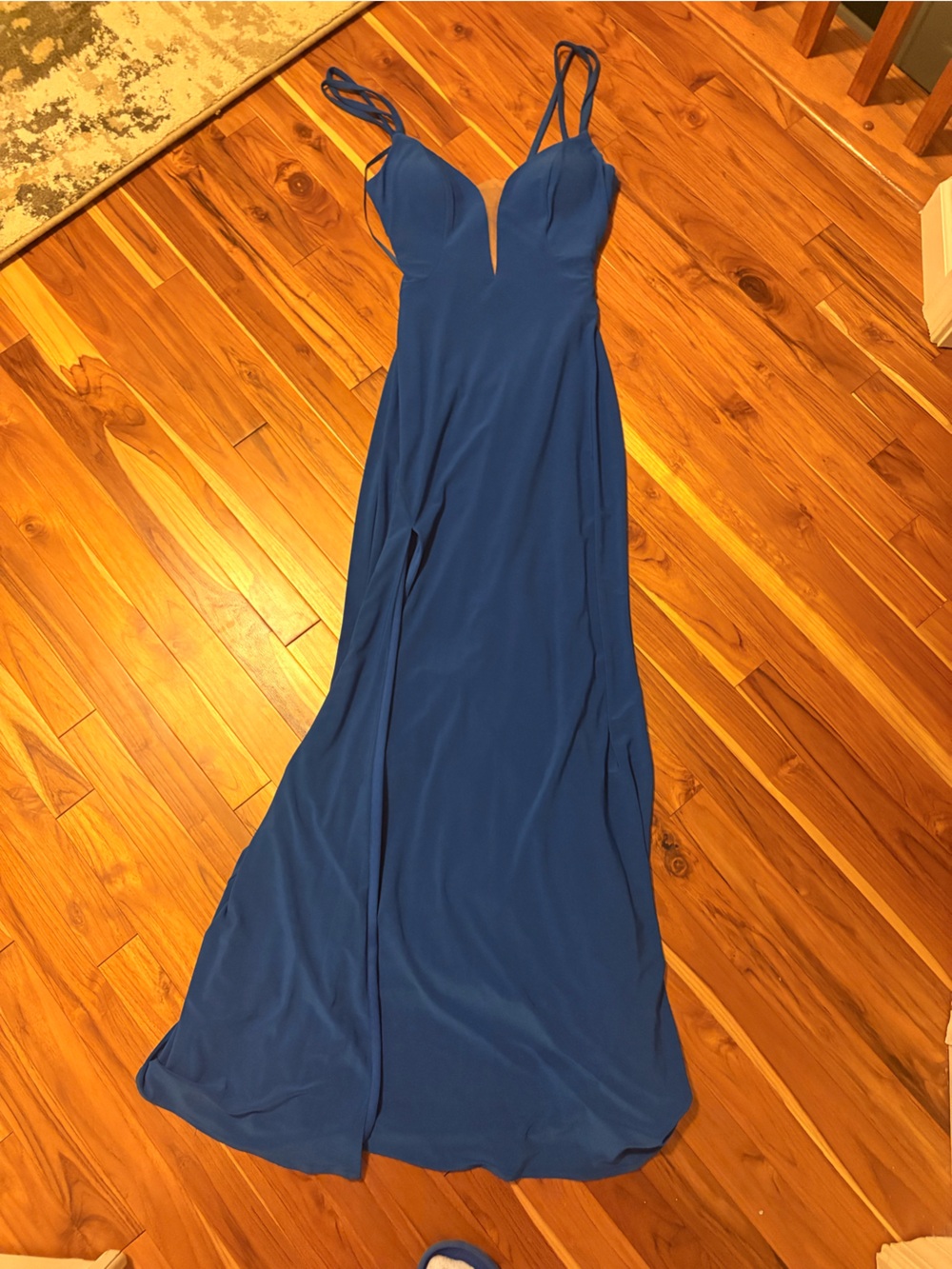 Blue Spaghetti-Strap V-Neck Evening Dress